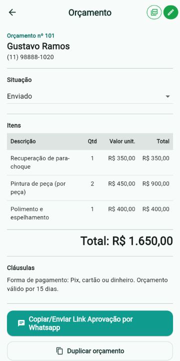 Orçamento de Funilaria e Pintura com itens, quantidades e total no ServiçoUp