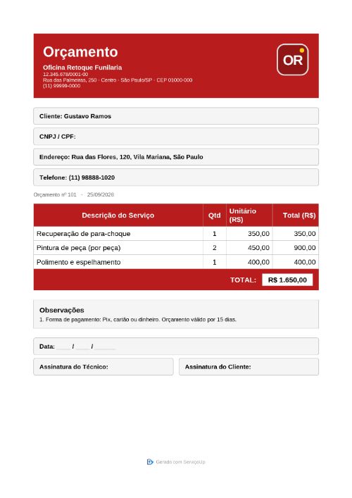 PDF do orçamento com a logo da Oficina Retoque Funilaria (empresa fictícia)