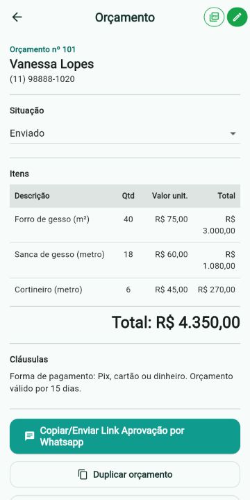 Orçamento de Gesseiro/Drywall com itens, quantidades e total no ServiçoUp