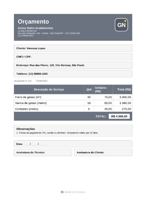 PDF do orçamento com a logo da Gesso Nobre Acabamentos (empresa fictícia)