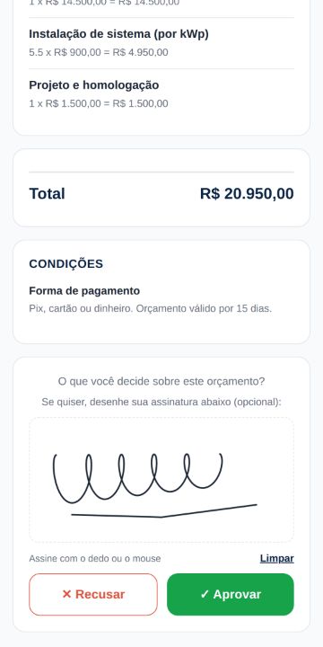 Cliente aprovando o orçamento da Sol Pleno Energia pelo celular