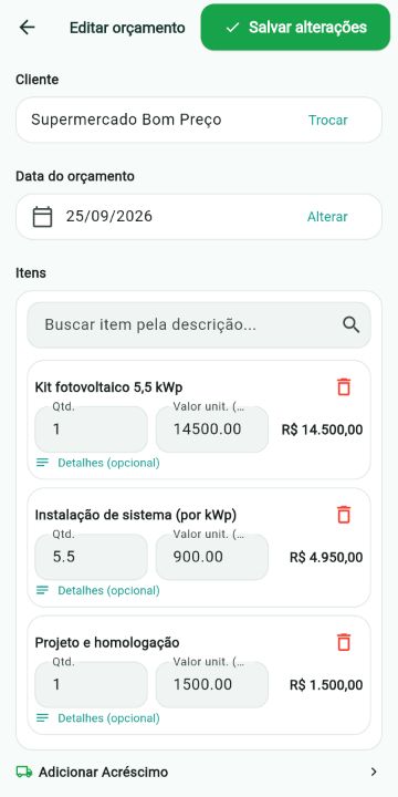Orçamento de Energia Solar montado com os serviços do catálogo no ServiçoUp
