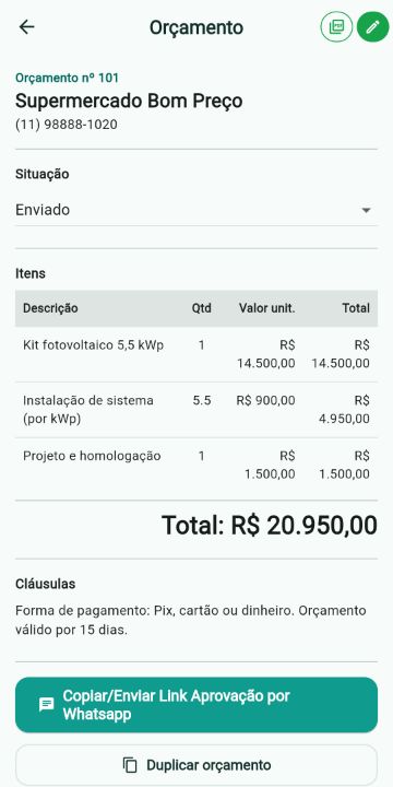 Orçamento de Energia Solar com itens, quantidades e total no ServiçoUp