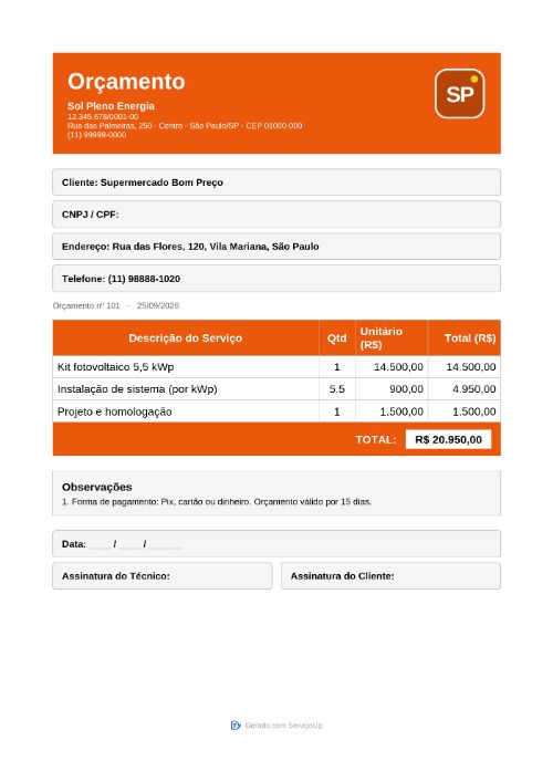 PDF do orçamento com a logo da Sol Pleno Energia (empresa fictícia)