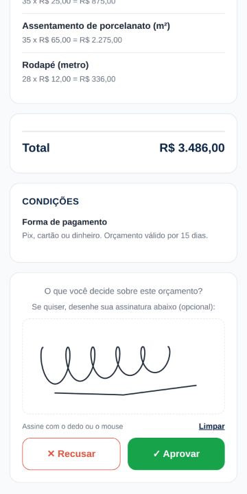 Cliente aprovando o orçamento da Piso Perfeito Revestimentos pelo celular