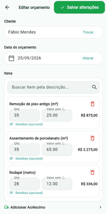 Orçamento de Azulejista/Pisos montado com os serviços do catálogo no ServiçoUp