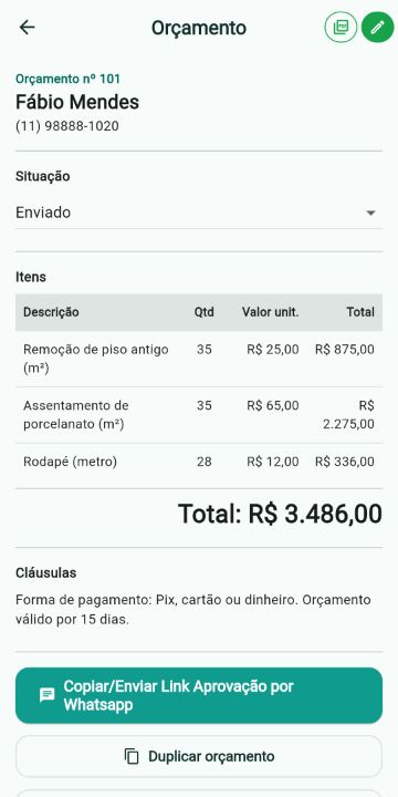 Orçamento de Azulejista/Pisos com itens, quantidades e total no ServiçoUp