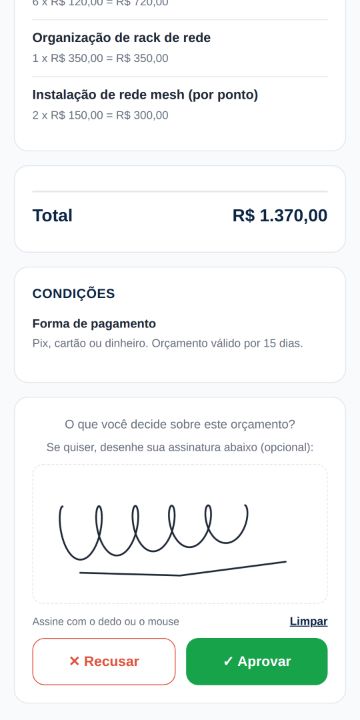 Cliente aprovando o orçamento da LinkNet Redes e Antenas pelo celular