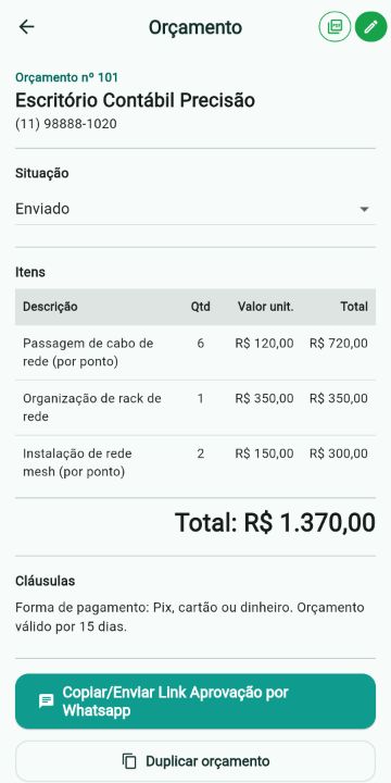 Orçamento de Redes, Internet e Antenas com itens, quantidades e total no ServiçoUp