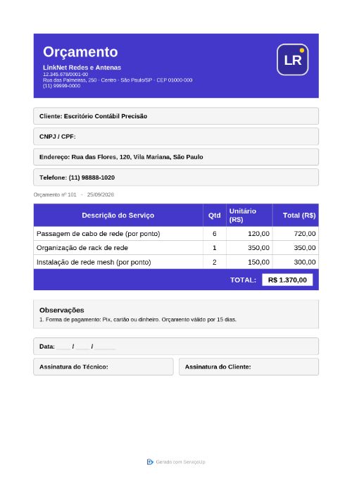 PDF do orçamento com a logo da LinkNet Redes e Antenas (empresa fictícia)