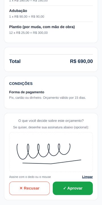Cliente aprovando o orçamento da Verde Vida Jardinagem pelo celular