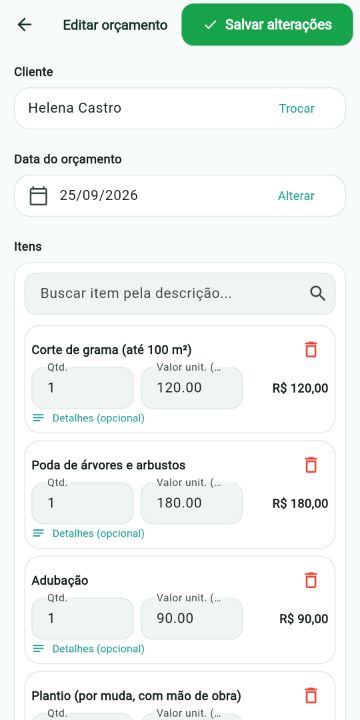 Orçamento de Jardinagem montado com os serviços do catálogo no ServiçoUp
