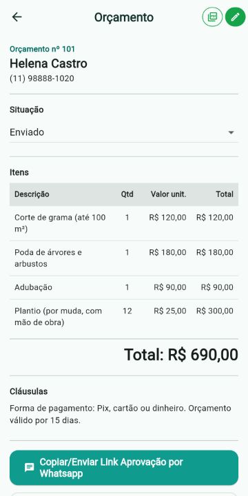 Orçamento de Jardinagem com itens, quantidades e total no ServiçoUp