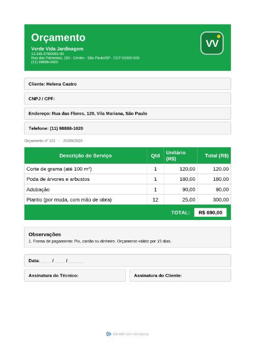 PDF do orçamento com a logo da Verde Vida Jardinagem (empresa fictícia)