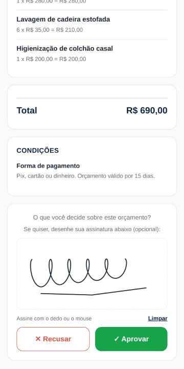 Cliente aprovando o orçamento da Lava Sofá Higienização pelo celular