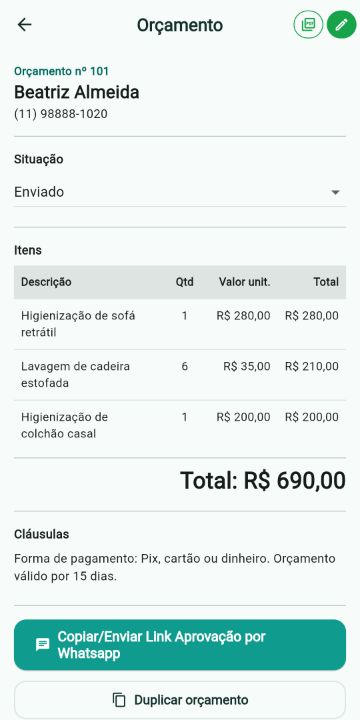 Orçamento de Lavagem de Estofados com itens, quantidades e total no ServiçoUp