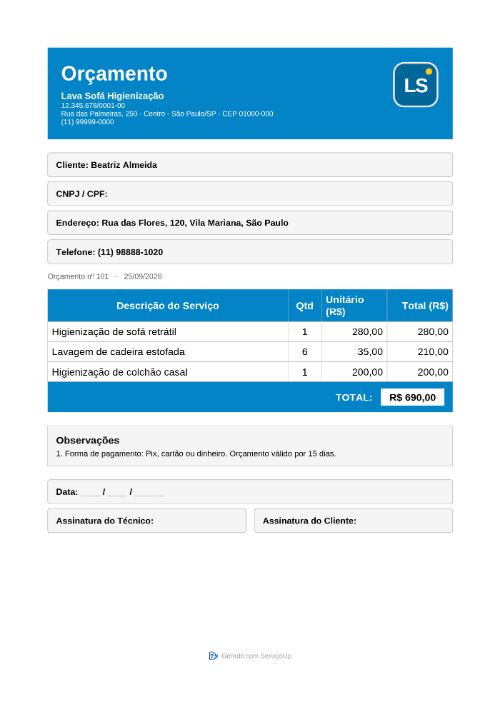 PDF do orçamento com a logo da Lava Sofá Higienização (empresa fictícia)