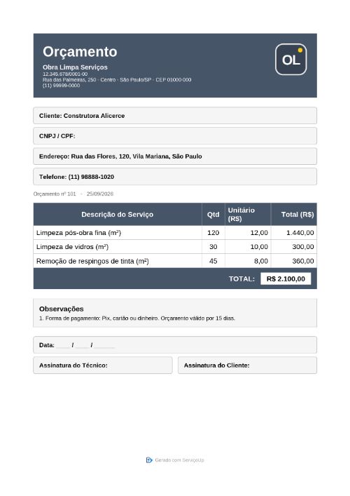 PDF do orçamento com a logo da Obra Limpa Serviços (empresa fictícia)