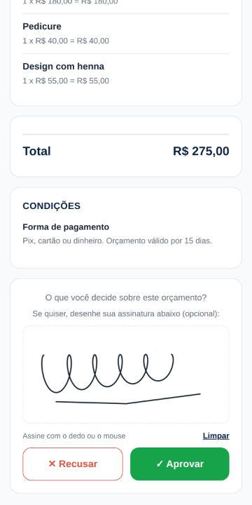 Cliente aprovando o orçamento da Espaço Bella Unhas pelo celular