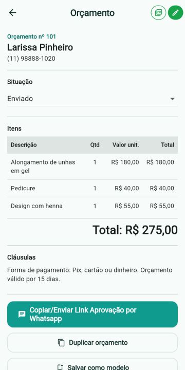 Orçamento de Manicure e Estética com itens, quantidades e total no ServiçoUp