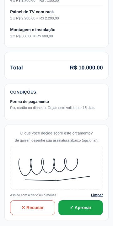 Cliente aprovando o orçamento da Madeira & Arte Marcenaria pelo celular