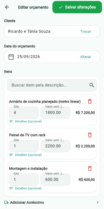 Orçamento de Marceneiro montado com os serviços do catálogo no ServiçoUp