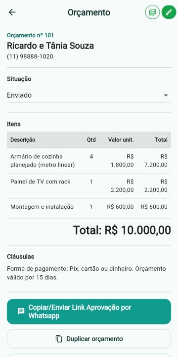 Orçamento de Marceneiro com itens, quantidades e total no ServiçoUp