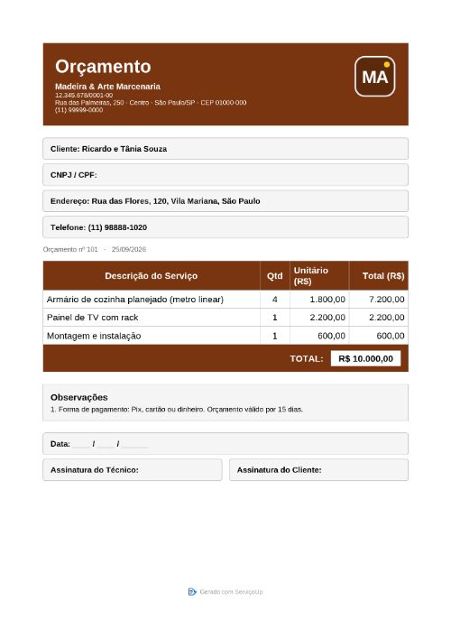 PDF do orçamento com a logo da Madeira & Arte Marcenaria (empresa fictícia)