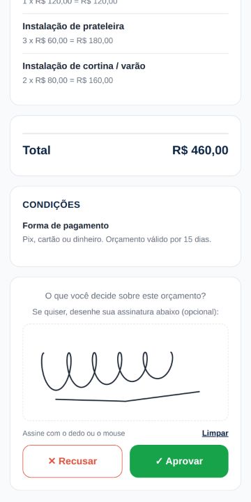 Cliente aprovando o orçamento da Faz Tudo Reparos pelo celular