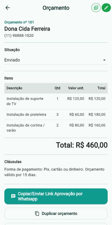 Orçamento de Marido de Aluguel com itens, quantidades e total no ServiçoUp