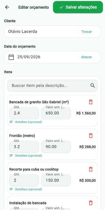 Orçamento de Marmoraria montado com os serviços do catálogo no ServiçoUp