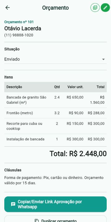 Orçamento de Marmoraria com itens, quantidades e total no ServiçoUp