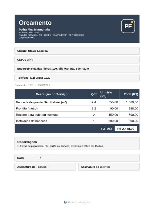 PDF do orçamento com a logo da Pedra Fina Marmoraria (empresa fictícia)