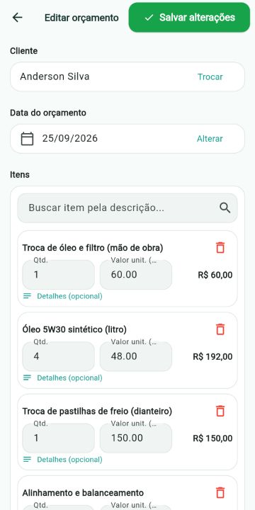 Orçamento de Mecânico Automotivo montado com os serviços do catálogo no ServiçoUp