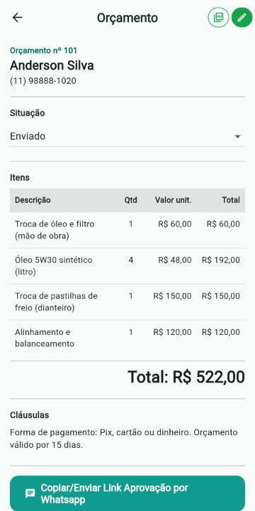 Orçamento de Mecânico Automotivo com itens, quantidades e total no ServiçoUp
