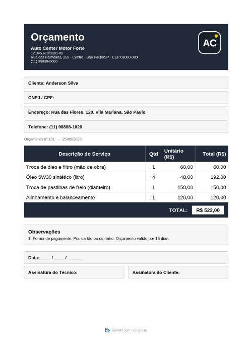 PDF do orçamento com a logo da Auto Center Motor Forte (empresa fictícia)