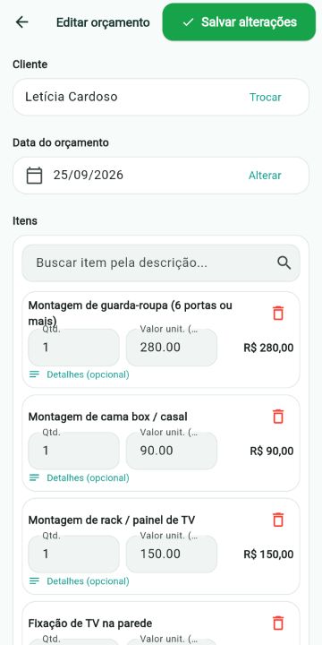 Orçamento de Montador de Móveis montado com os serviços do catálogo no ServiçoUp