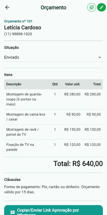 Orçamento de Montador de Móveis com itens, quantidades e total no ServiçoUp