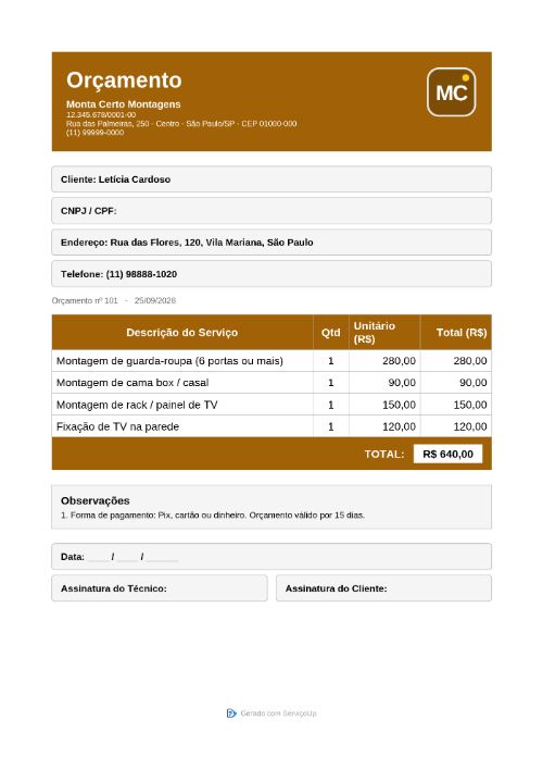 PDF do orçamento com a logo da Monta Certo Montagens (empresa fictícia)