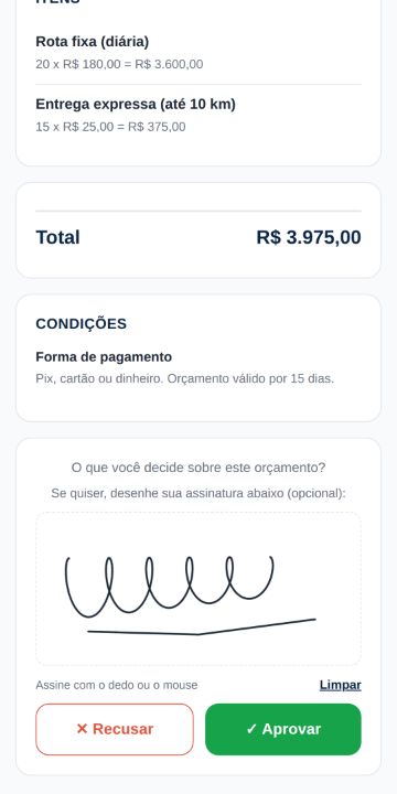 Cliente aprovando o orçamento da Rápido Express Entregas pelo celular