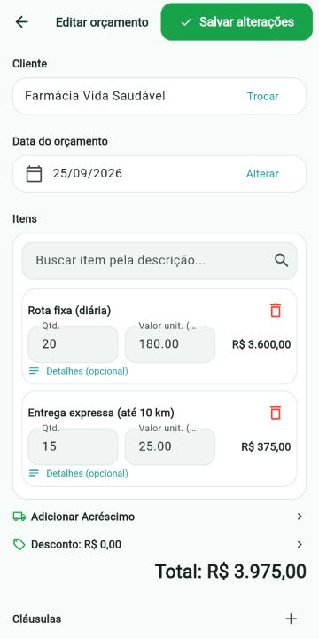 Orçamento de Motoboy/Transporte de Cargas montado com os serviços do catálogo no ServiçoUp