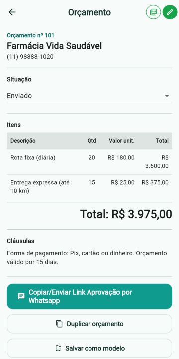 Orçamento de Motoboy/Transporte de Cargas com itens, quantidades e total no ServiçoUp
