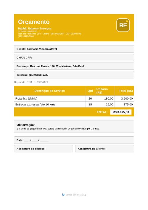 PDF do orçamento com a logo da Rápido Express Entregas (empresa fictícia)