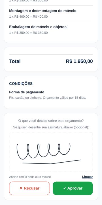 Cliente aprovando o orçamento da Leva & Traz Mudanças pelo celular