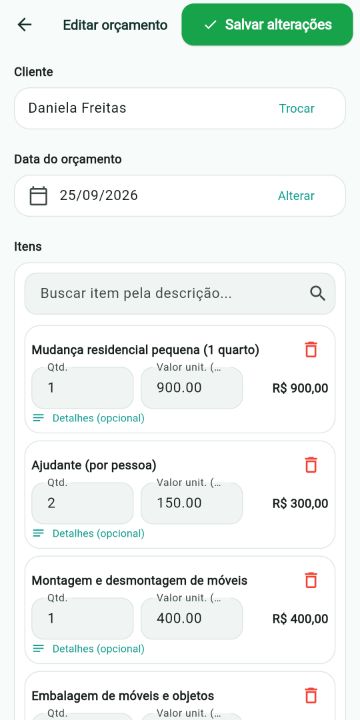 Orçamento de Mudanças e Carretos montado com os serviços do catálogo no ServiçoUp