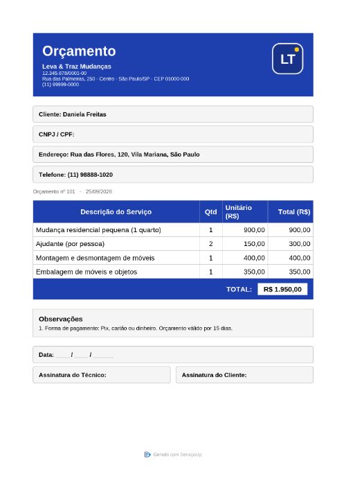 PDF do orçamento com a logo da Leva & Traz Mudanças (empresa fictícia)