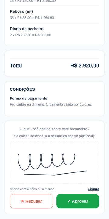 Cliente aprovando o orçamento da Construfort Obras e Reformas pelo celular