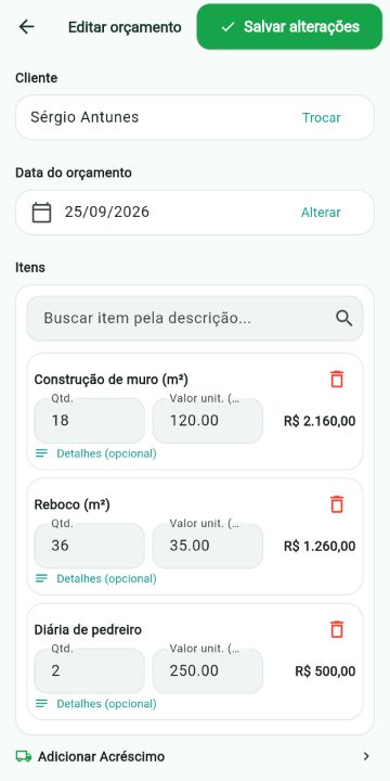 Orçamento de Pedreiro montado com os serviços do catálogo no ServiçoUp