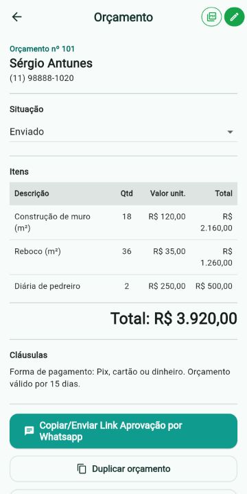 Orçamento de Pedreiro com itens, quantidades e total no ServiçoUp