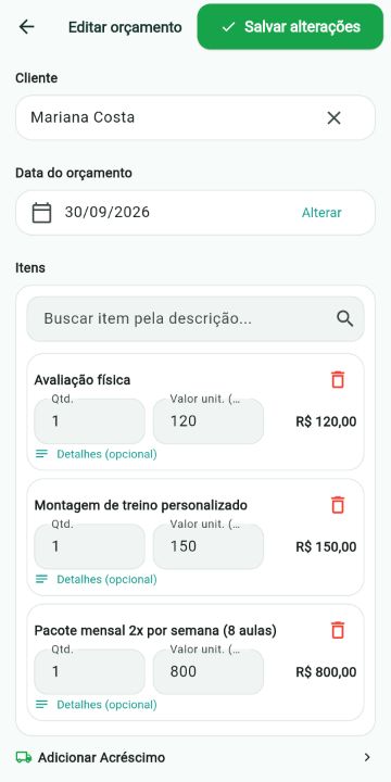 Orçamento de personal trainer montado com os serviços do catálogo no ServiçoUp